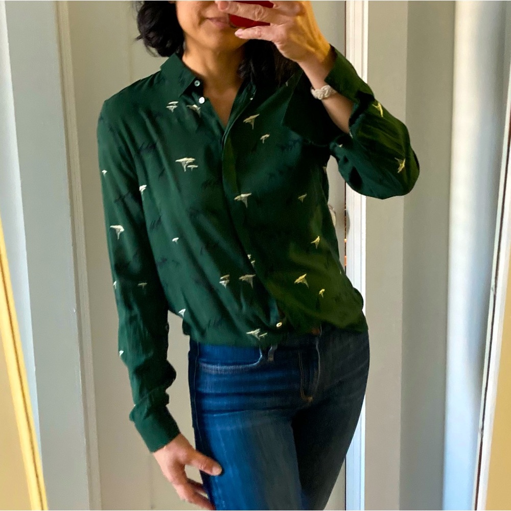 Zara button down green blouse with keyhole cutout in the back